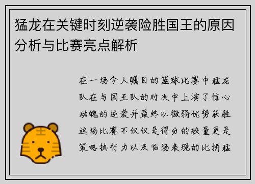 猛龙在关键时刻逆袭险胜国王的原因分析与比赛亮点解析