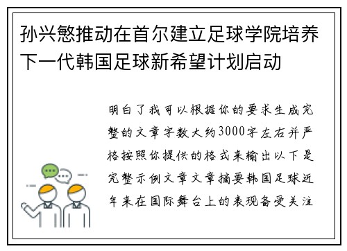 孙兴慜推动在首尔建立足球学院培养下一代韩国足球新希望计划启动